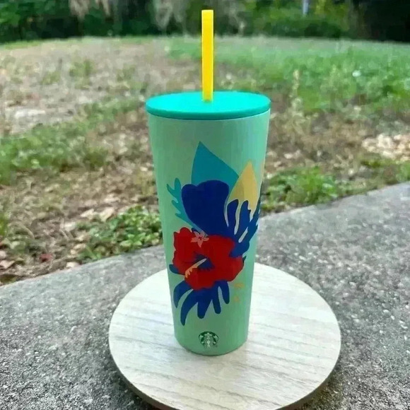 RARE New Starbucks Tumbler Hibiscus Stainless Venti 24 oz Mint Teal Cold Cup HTF - Picture 1 of 5